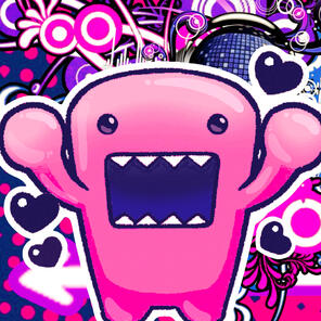 Domo-kun in front of a frutiger metro background, in bright pink, purple, and dark blue.